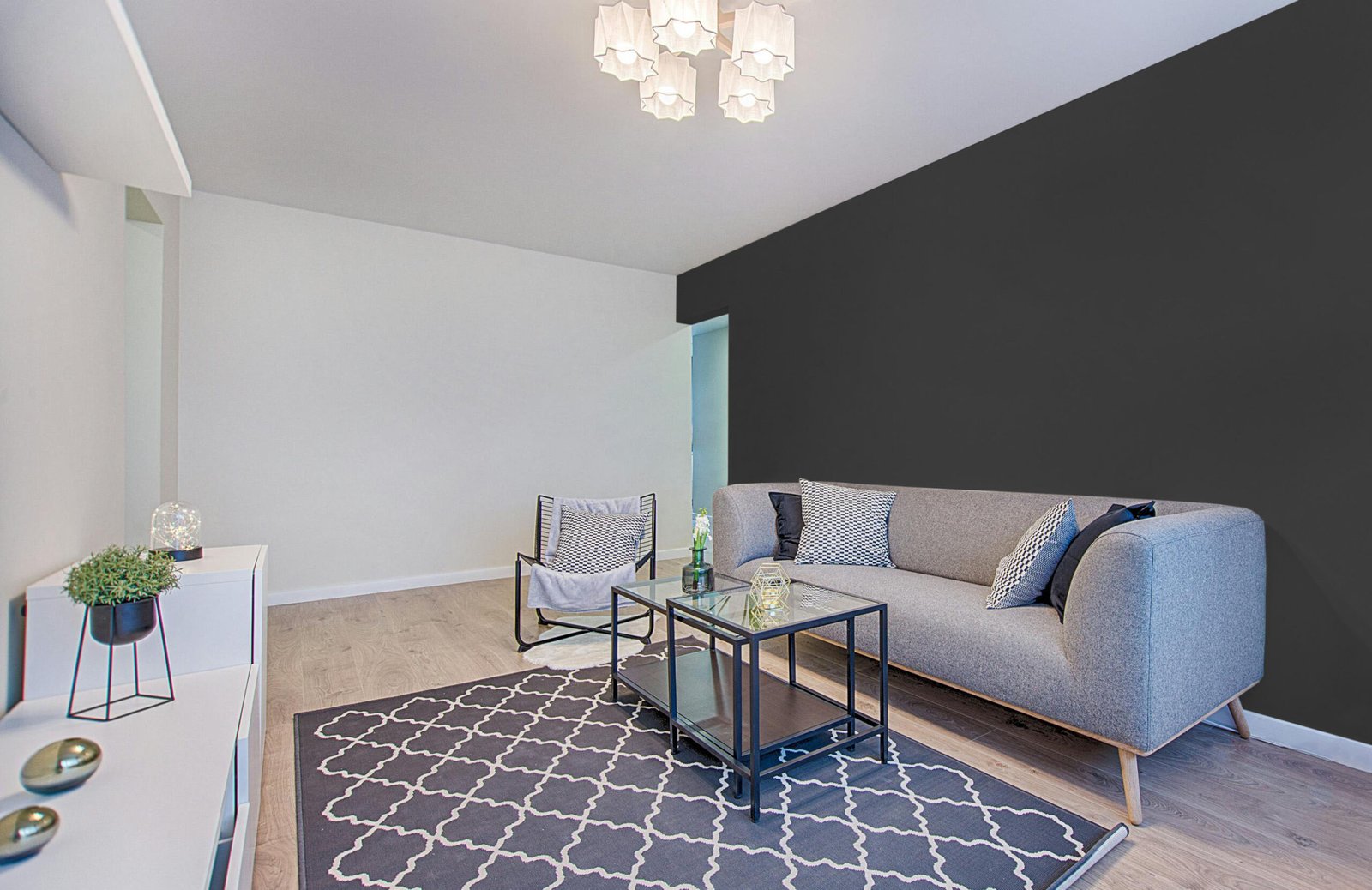 Living room showcasing a specific paint color on the wall. Color: Tricorn black by Sherwin-Williams